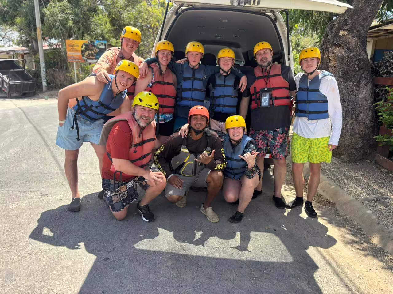 Group of travelers ready for a river adventure in Costa Rica